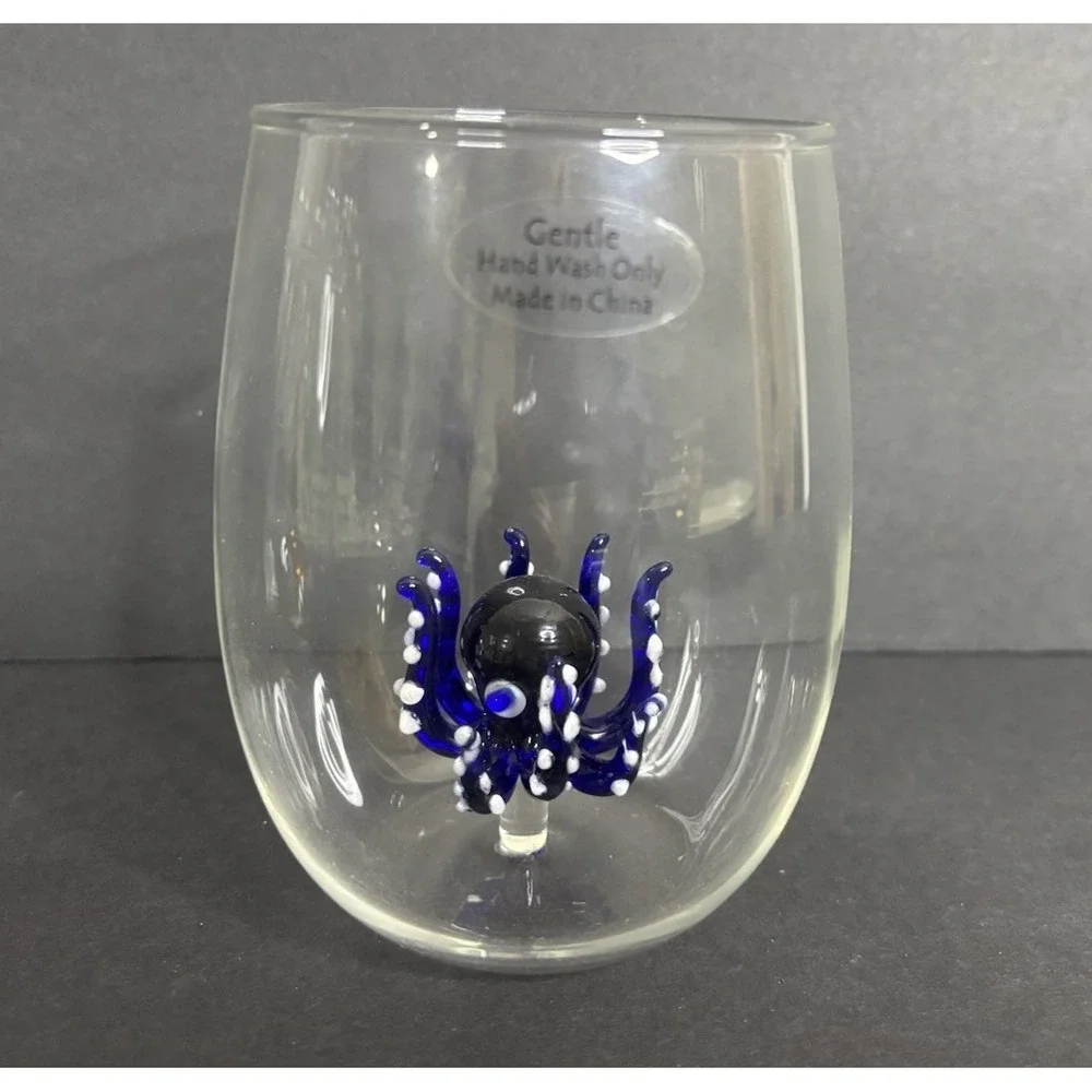 2 Stemless Wine Glasses Handblown Cobalt Blue Octopus and Orange Fish Inside